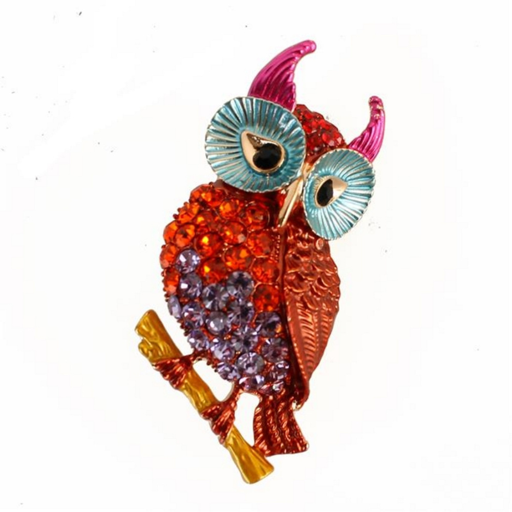 Red Blue And Crystal Owl Pin Brooch